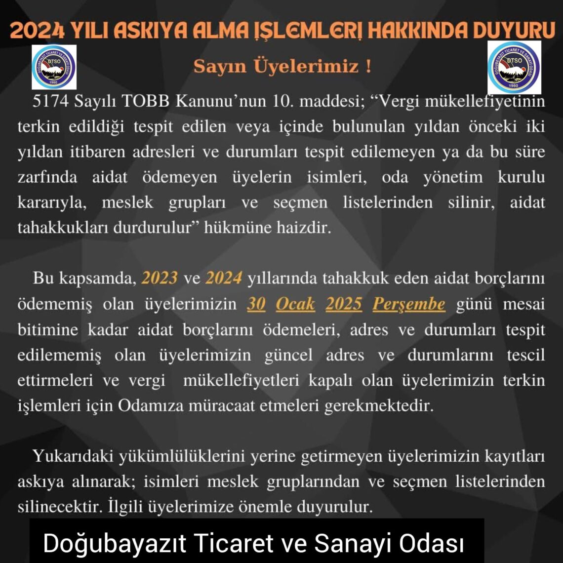 2024 YILI ASKIYA ALMA İŞLEMLERİ HAKKINDA DUYURU