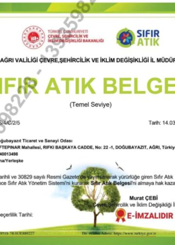 DOĞUBAYAZIT TİCARET VE SANAYİ ODASI SIFIR ATIK BELGESİ ALDI!