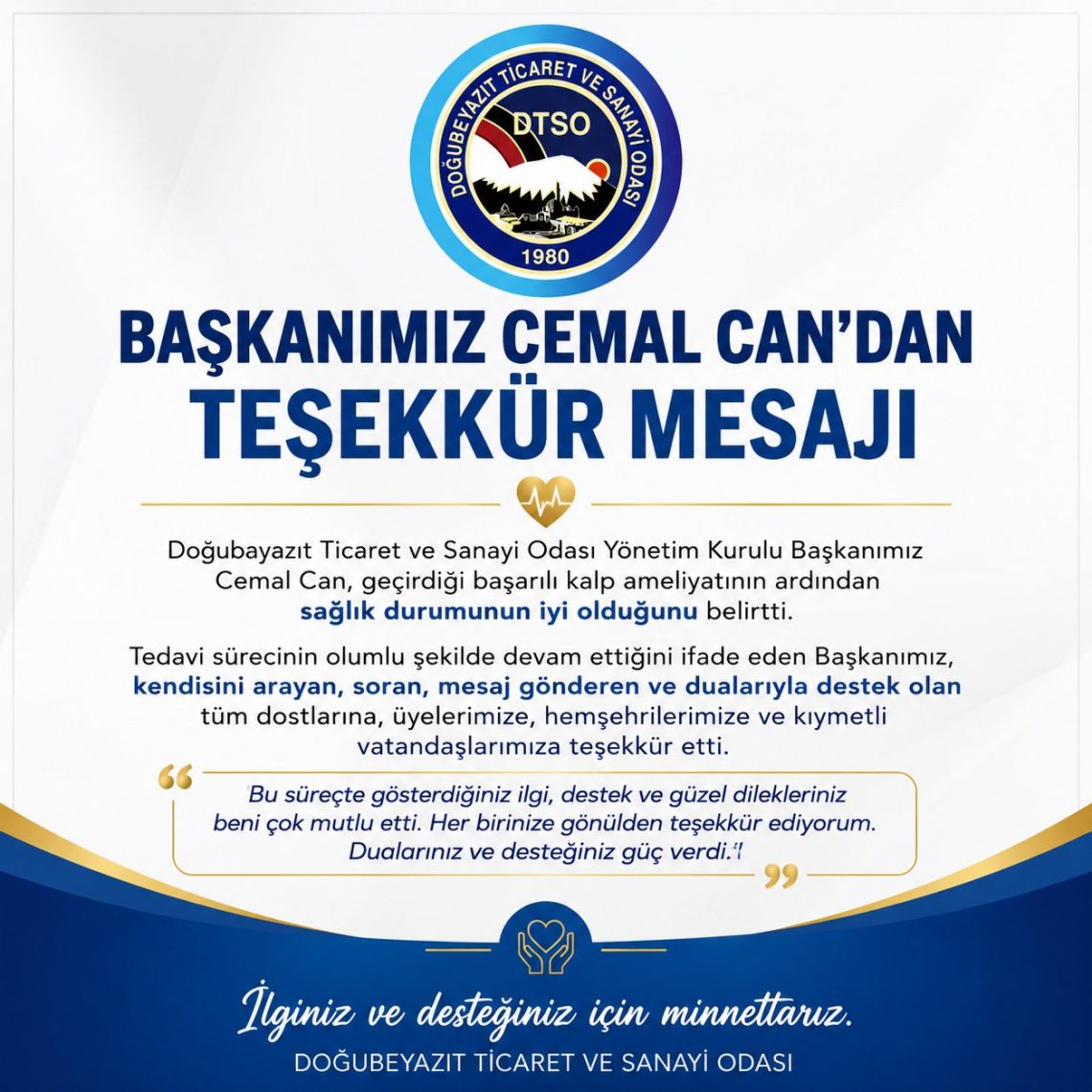 Başkanımız Cemal Can’dan Teşekkür Mesajı